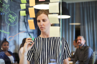 Creative businesswoman writing on glass while colleagues in background at office