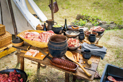 High angle view of food on barbecue grill