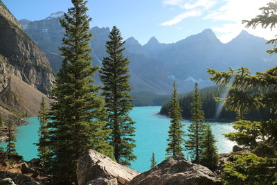 Scenic view of lake and mountains against sky