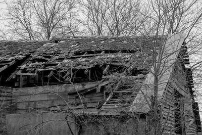 Close-up of bare tree against built structure in winter