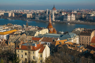 Aerial view of budapest city and the famous danube river in winter season, hungary