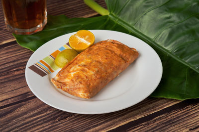High angle view of meal served on table