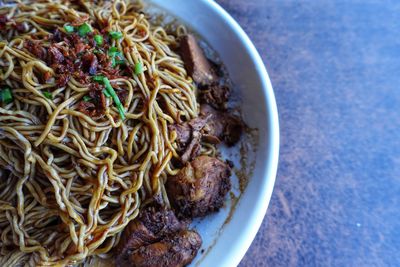 High angle view of noodles in bowl on table