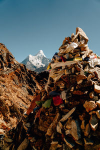 Stack of snow covered mountains against clear sky