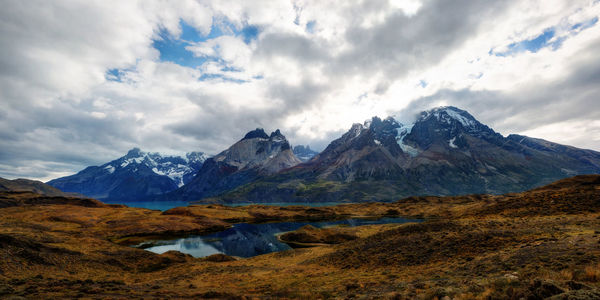 Scenic view of snowcapped mountains against sky