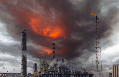 Fire from a gas torch and smoke in the chemical industry, pollution and global warming