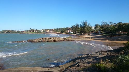 Scenic view of sea against clear blue sky