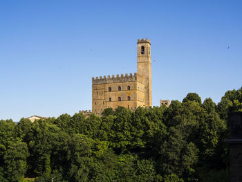 Low angle view of building against clear blue sky
