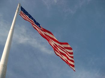 Low angle view of american flag against sky