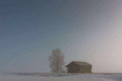 Barn by tree on snowy field against clear sky