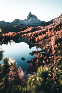 Scenic view of lake and mountains against clear sky