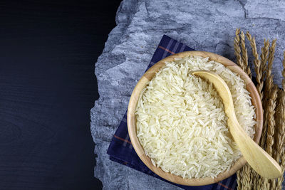 High angle view of bread in bowl on table