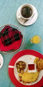 High angle view of breakfast served on table