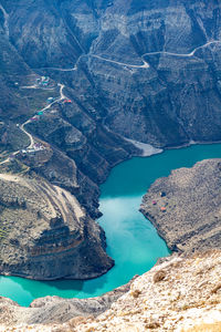 High angle view of sea and mountains