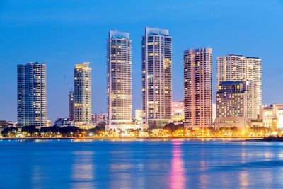 Illuminated cityscape against clear blue sky