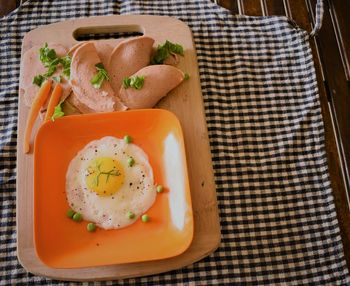 High angle view of breakfast served on table
