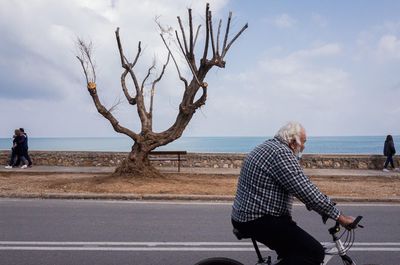 People on road by tree against sky