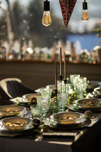 Close-up of christmas decorations on table