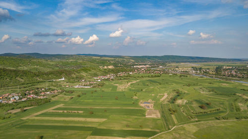 High angle view of agricultural field against sky