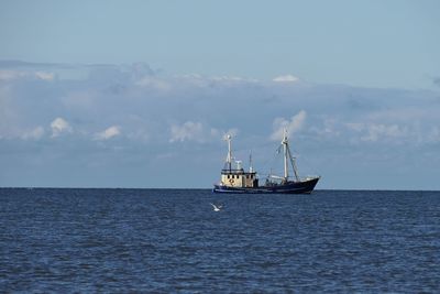 Sailboat sailing on sea against sky