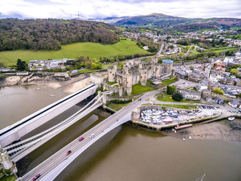 High angle view of bridge over river against sky