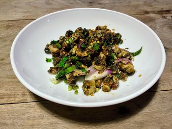 High angle view of food in bowl on table