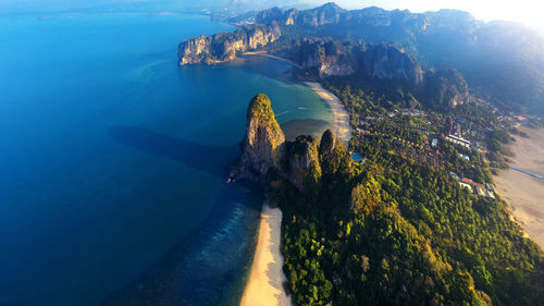 High angle view of bay against clear sky