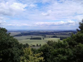 High angle view of trees and sea against sky