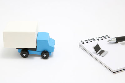 High angle view of toy car on white background