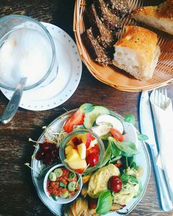 High angle view of breakfast on table