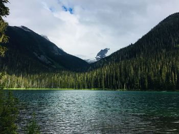 Scenic view of lake by mountains against sky