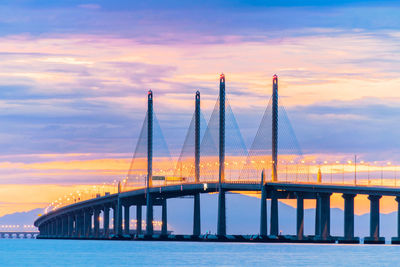 Bridge over sea against sky during sunset