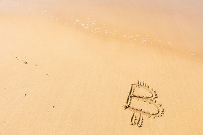 High angle view of text on beach