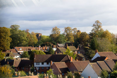 Autumn view of colchester castle behind dutch quarter rooftops