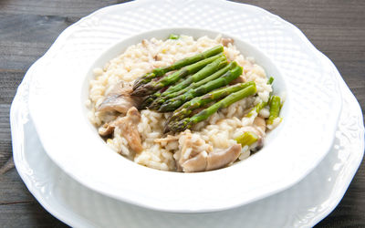 High angle view of rice in plate on table