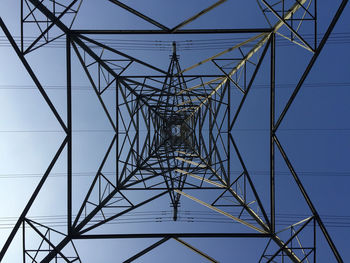 Low angle view of electricity pylon against clear sky