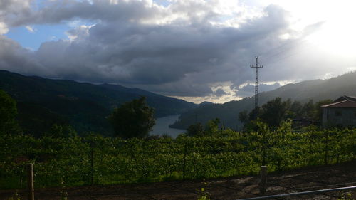 Scenic view of mountains against cloudy sky