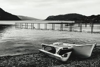 Boat on shore against sky