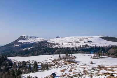 Scenic view of snowcapped mountains against clear sky