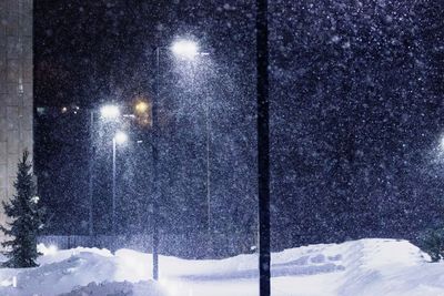 Snow covered street lights at night