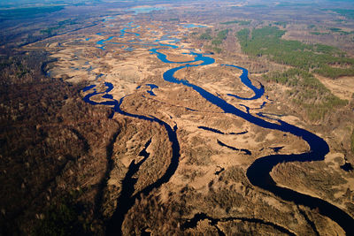 Aerial drone view of river in valley. natural landscape