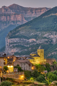 The beautiful old village of torla in the spanisch pyrenees at dusk