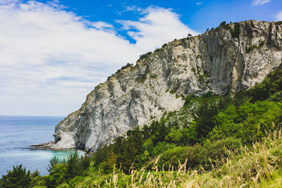Scenic view of rocks by sea against sky