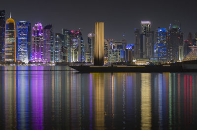Downtown cityscape at night.  illuminated buildings against sky at night. doha