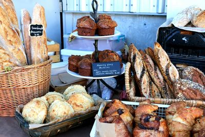 Baked goods for sale at market stall