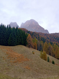 Scenic view of dolomites mountains in autumn against sky