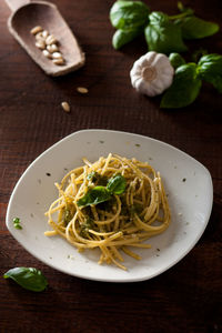 High angle view of noodles in plate on table