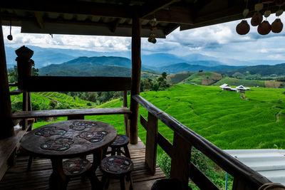 Scenic view of field and mountains against sky