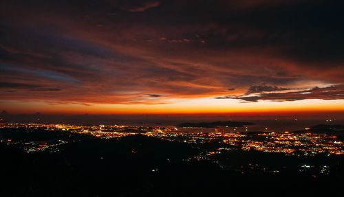 High angle view of illuminated buildings against sky during sunset