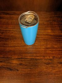 High angle view of drink on wooden table